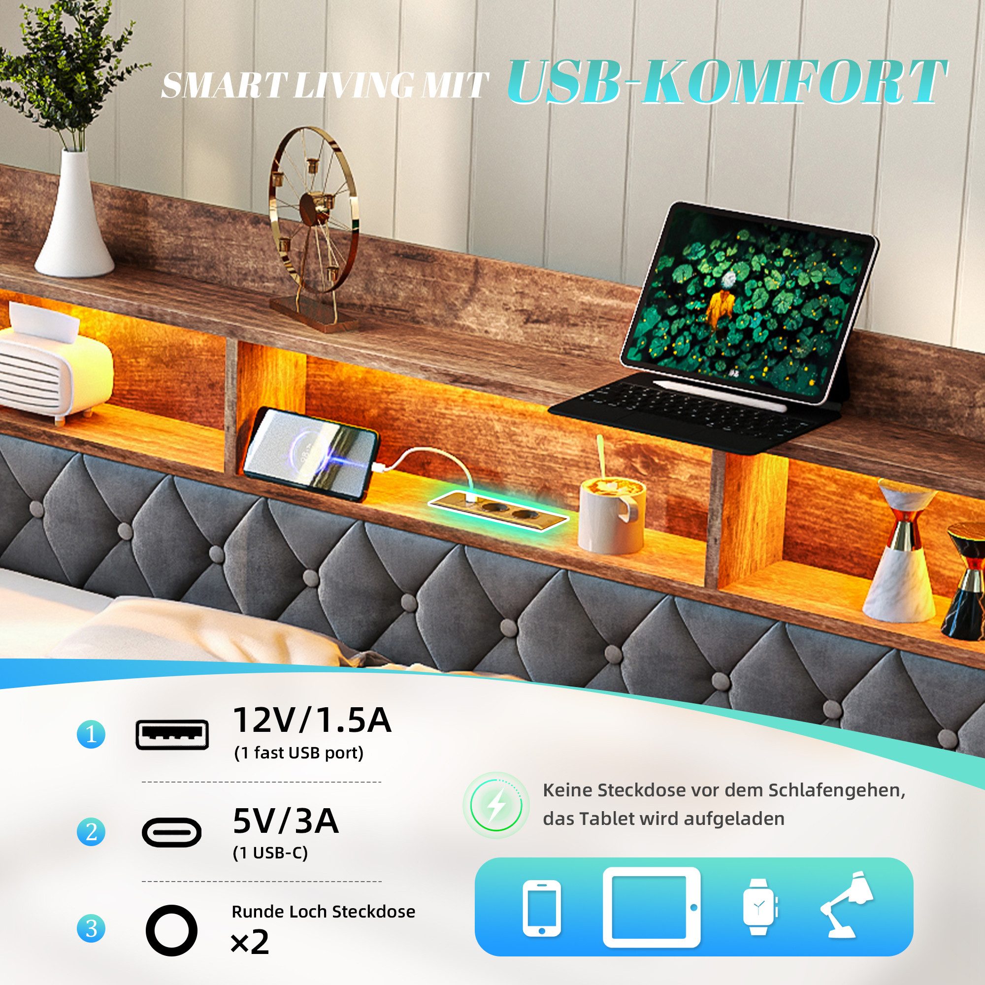Celya Polsterbett Schlafsofa Samt-Sofabett 90x190 cm mit Ausziehbett, LED-Beleuchtung (ohne Matratze, mit Stauraum-Holzkopfteil, USB- und Type-C-Anschluss) – Bild 4 von 5