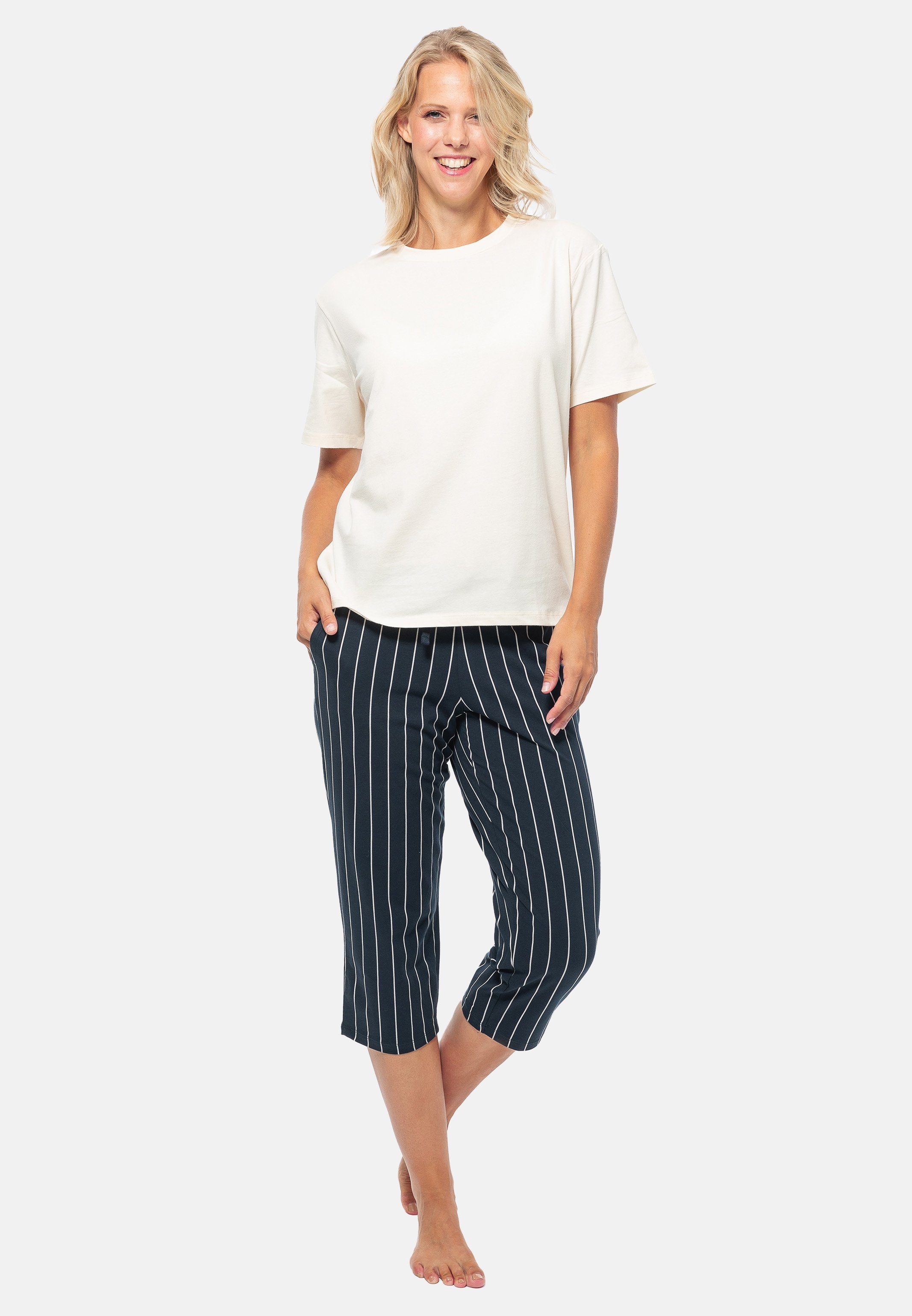 Schiesser Pyjama Organic Cotton (Set, Creme - gestreift / Baumwolle tlg) - 2 Schlafanzug Blau