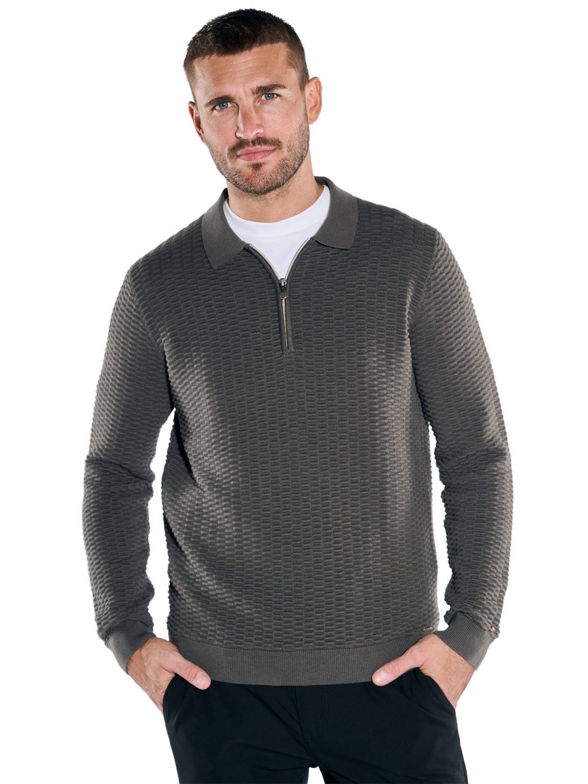 emilio adani Вязаные свитера emilio adani Herren Langarm-Shirt mit Polokragen, Oliv