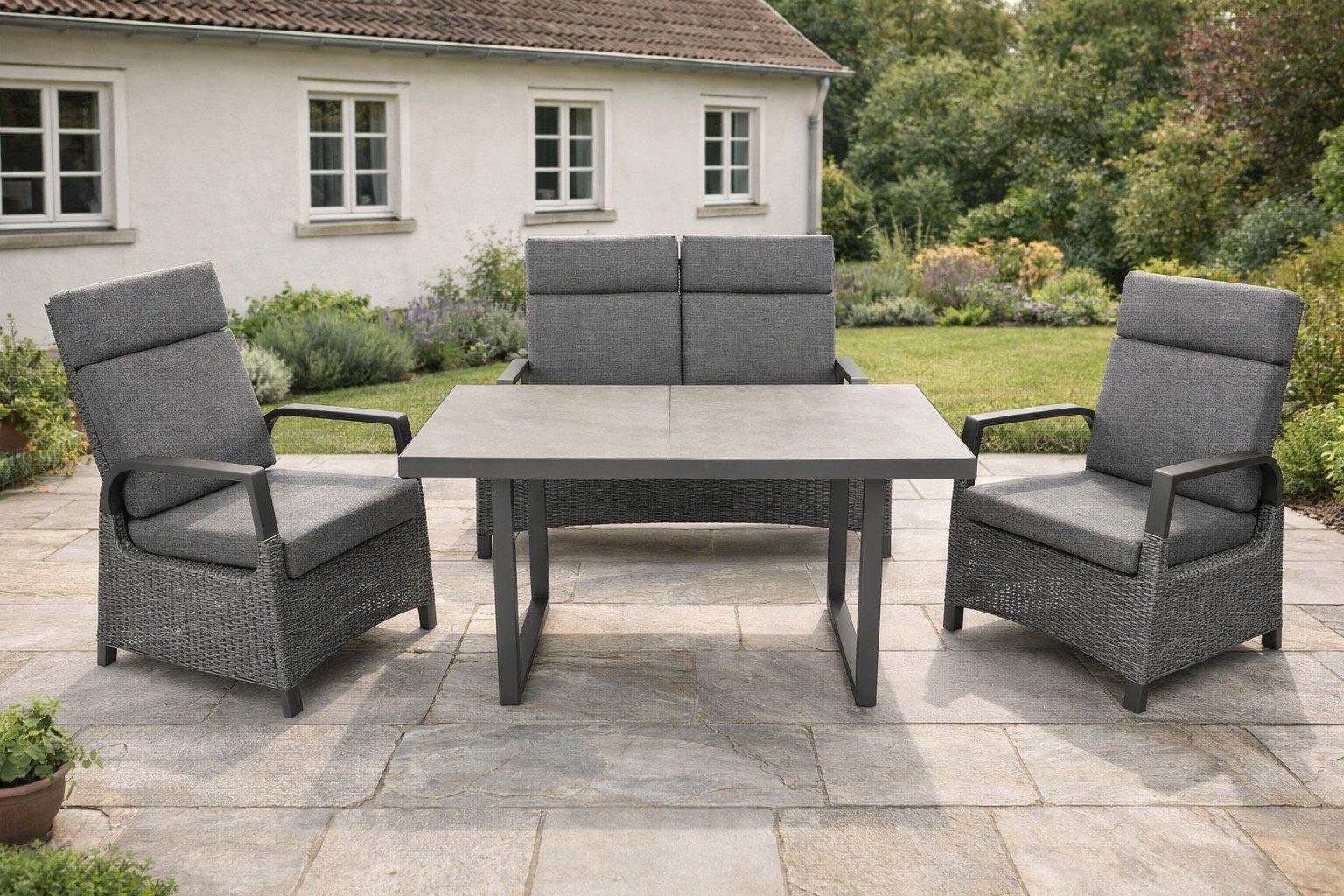 Green Spirit Balkonset »Montana« Gartenmöbel Set Alu Garnitur Outdoor Gruppe Essgruppe, (Set, 4-tlg., 1x 2-Sitzer Sofa, 2x Sessel, 1x Tisch, inkl. Auflagen), Aluminium, grau, für 4 Personen, wetterfest, Garten, Terrasse, Balkon