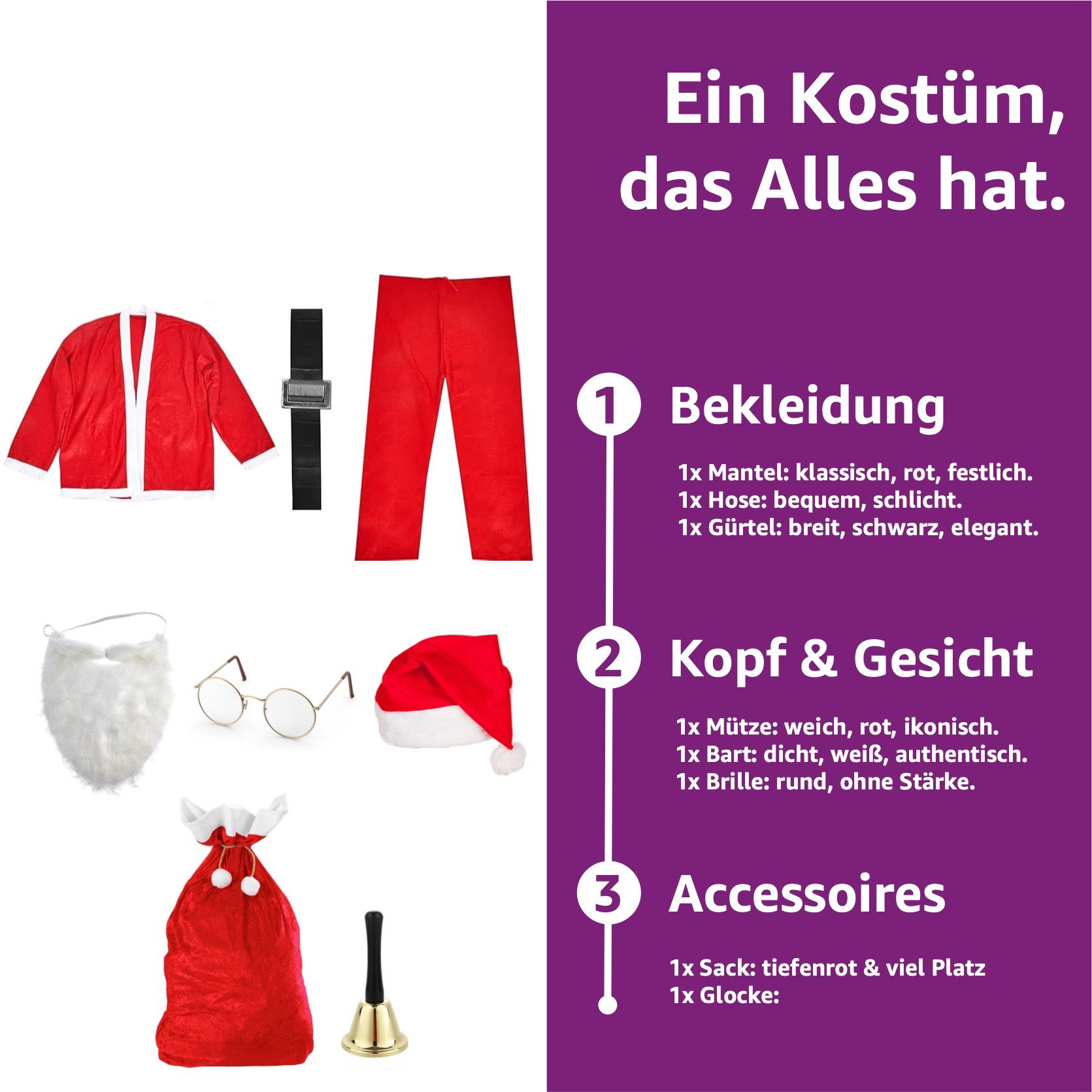 Costumed Kostüm 8 in 1 Set Weihnachtsmannkostüm & Nikolauskostüm - Santa Costume