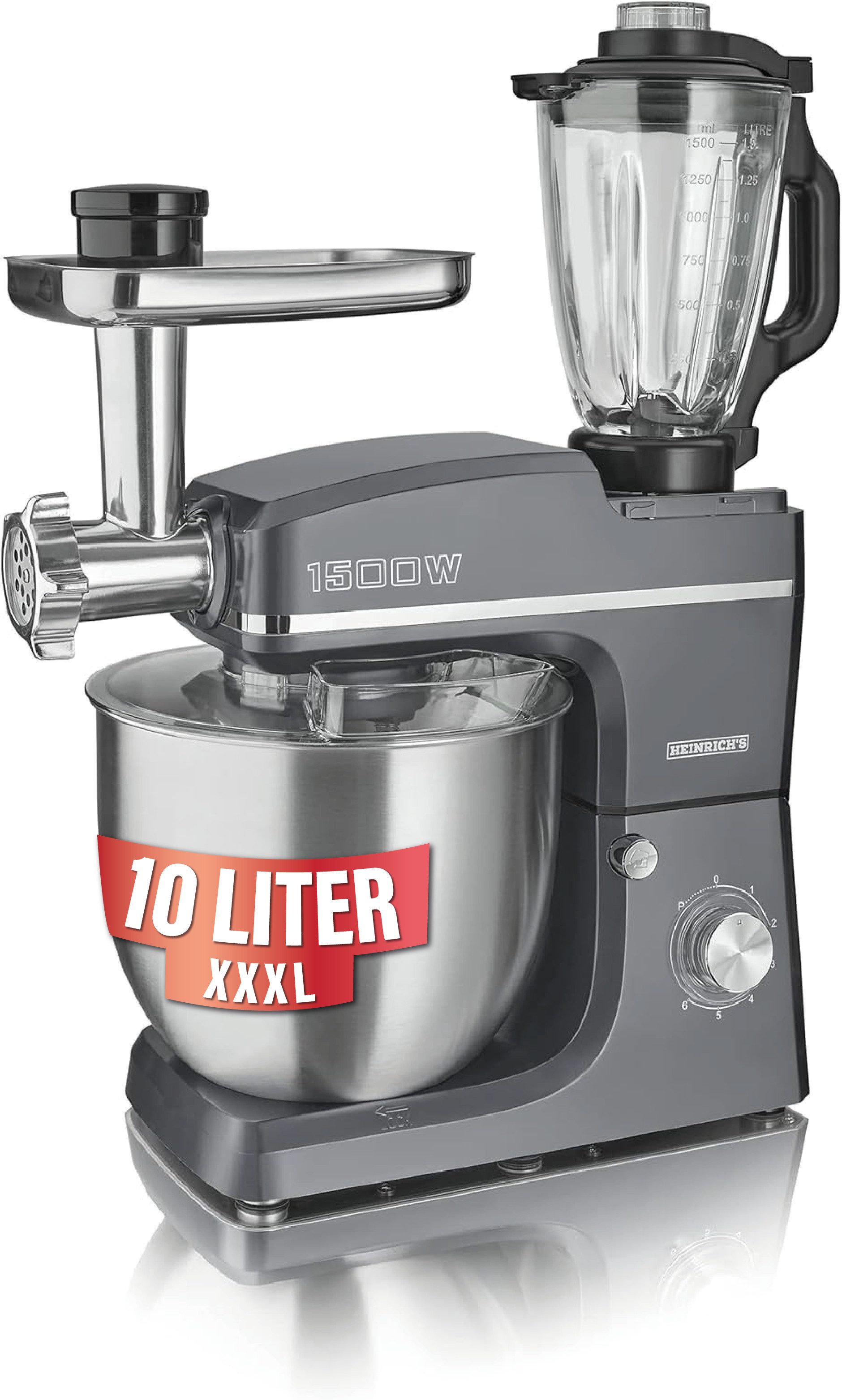 Heinrich´s Küchenmaschine, 1500 W, 10,00 l Schüssel, 6 Geschwindigkeiten, Multifunktional, XXXL