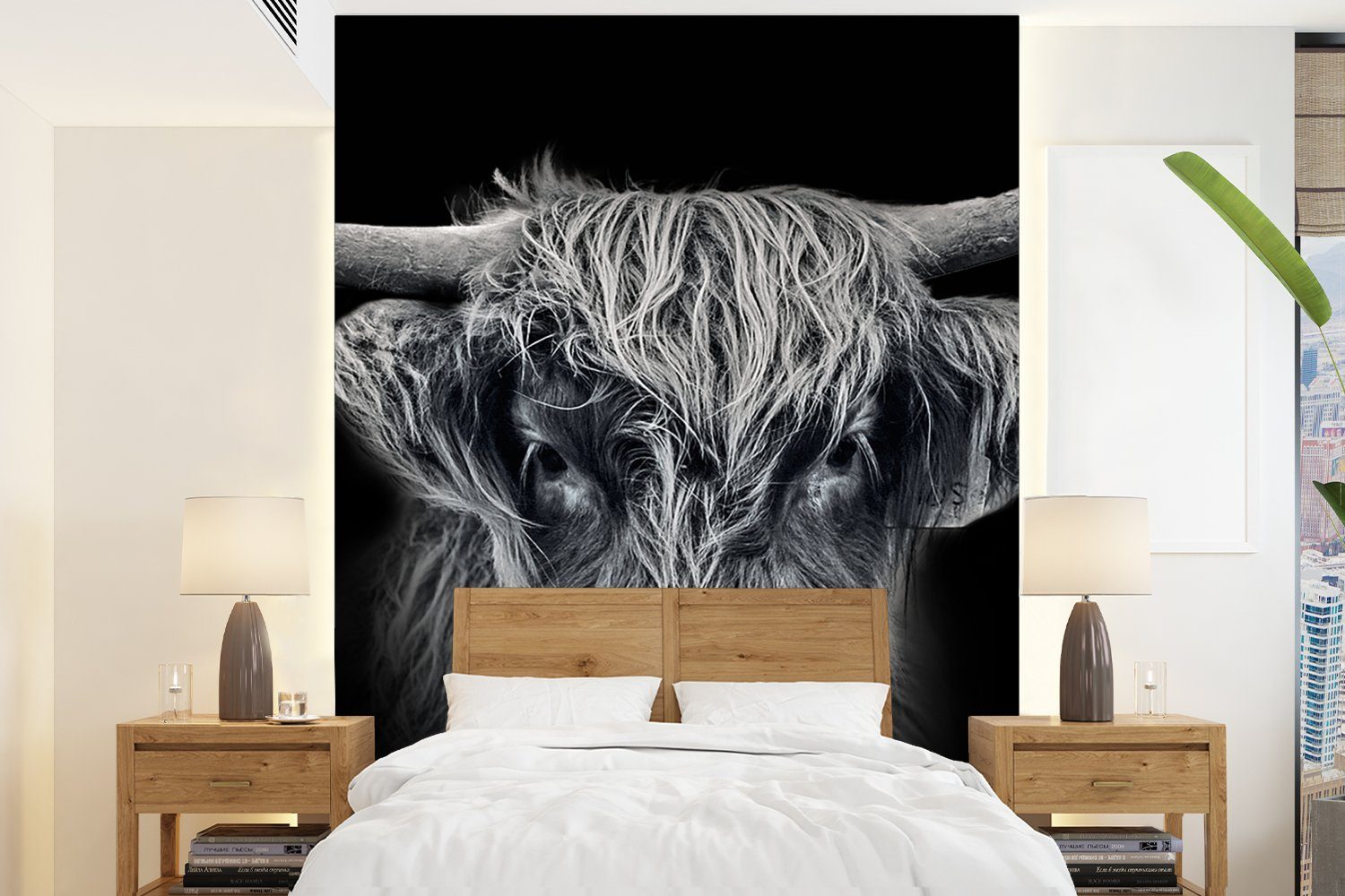 MuchoWow Fototapete Schottischer Highlander - Schwarz - Kuh - Tiere, Matt, bedruckt, (4 St), Montagefertig Vinyl Tapete für Wohnzimmer, Wandtapete