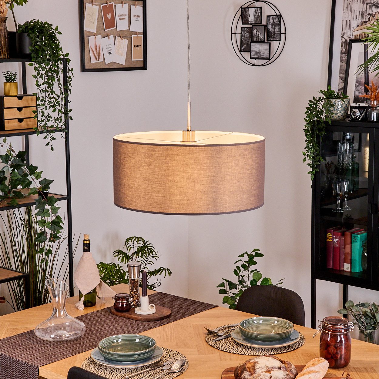 hofstein Hängeleuchte Hängelampe aus Metall/Stoff in Nickel-matt/Chromfarben/Grau/Weiß, Pendelleuchte im modernen Design (Schirm Ø 53 cm), E27, 120 cm