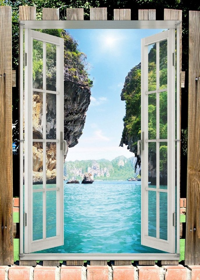 Thumbnail - Wallario Sichtschutzzaunmatten Felsenschlucht am Meer in Thailand, mit Fenster-Illusion