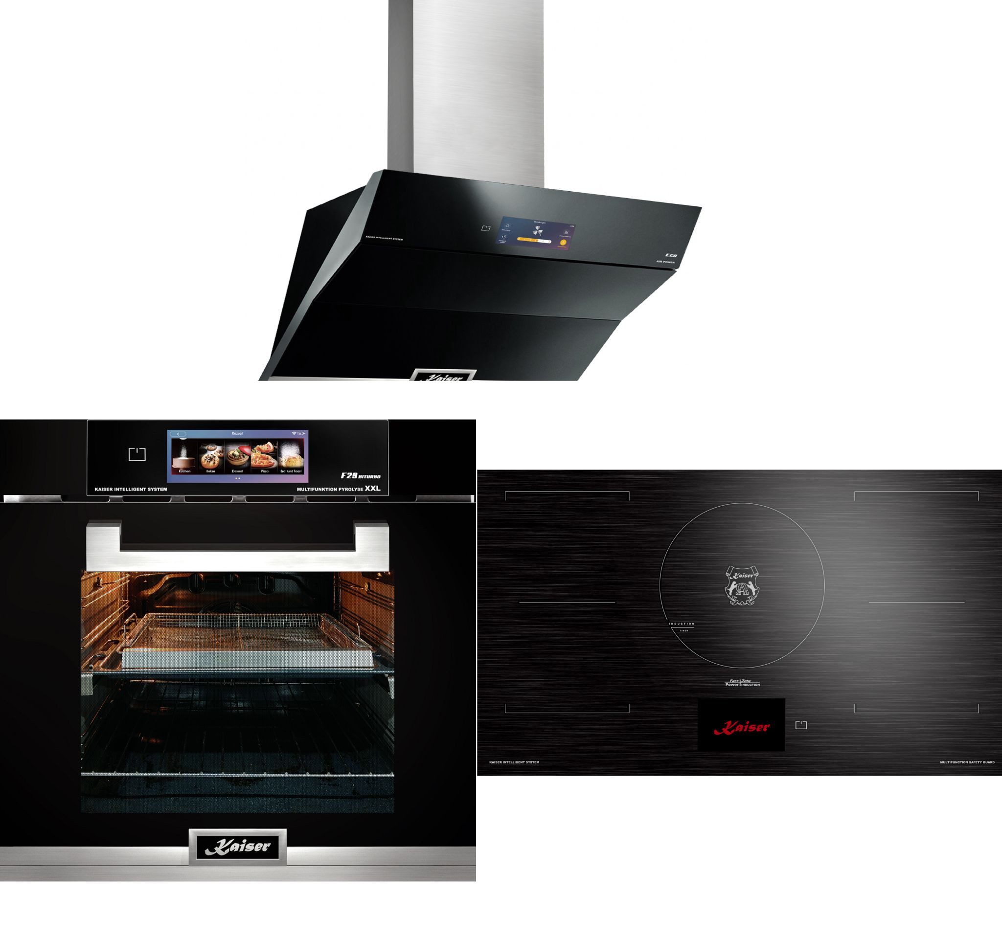 Kaiser Küchengeräte Backofen-Set Herd Set Autark Elektro Backofen, TFT Display, Air fryer,Bratautomatik,86L+Induktionskochfeld 90 cm TFT Display+ Dunstabzugshaube 90 cm EH 6344 N+KCT 9140 FI+AT 9343, mit 1-fach-Teleskopauszug