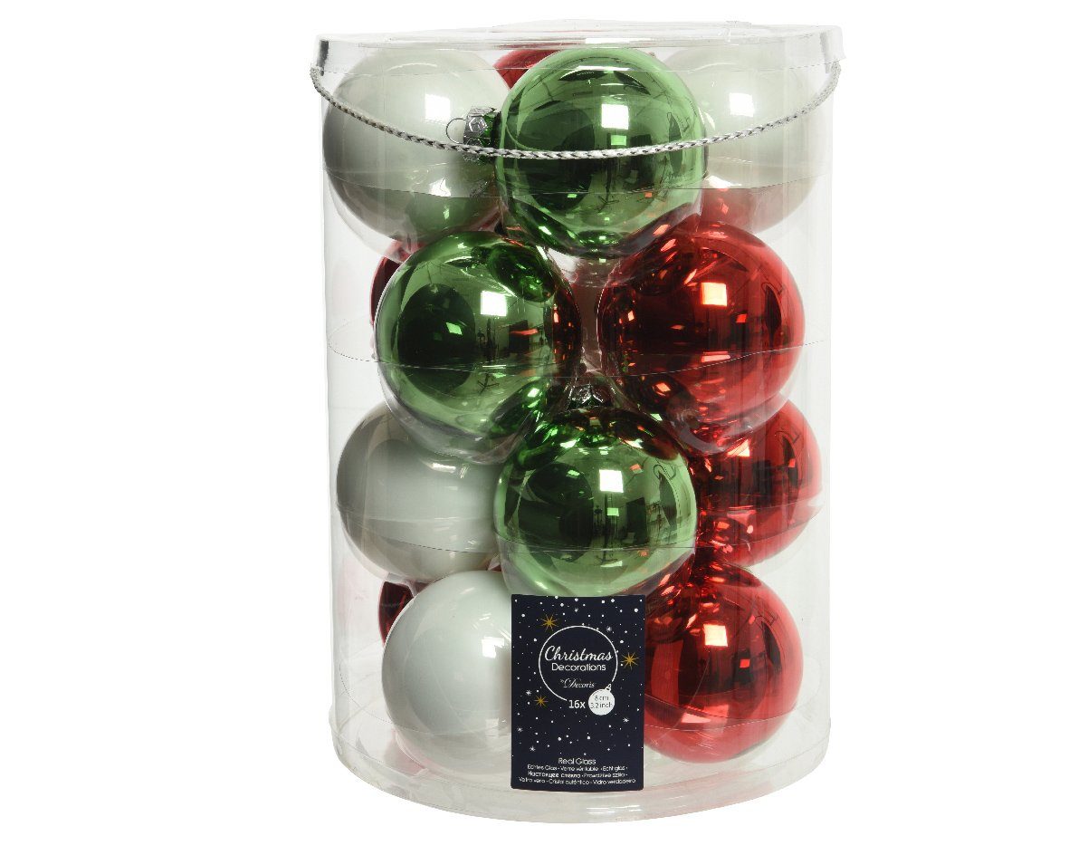 Decoris season decorations Weihnachtsbaumkugel, Weihnachtskugeln / 16er Glas Set rot grün 8cm / weiß