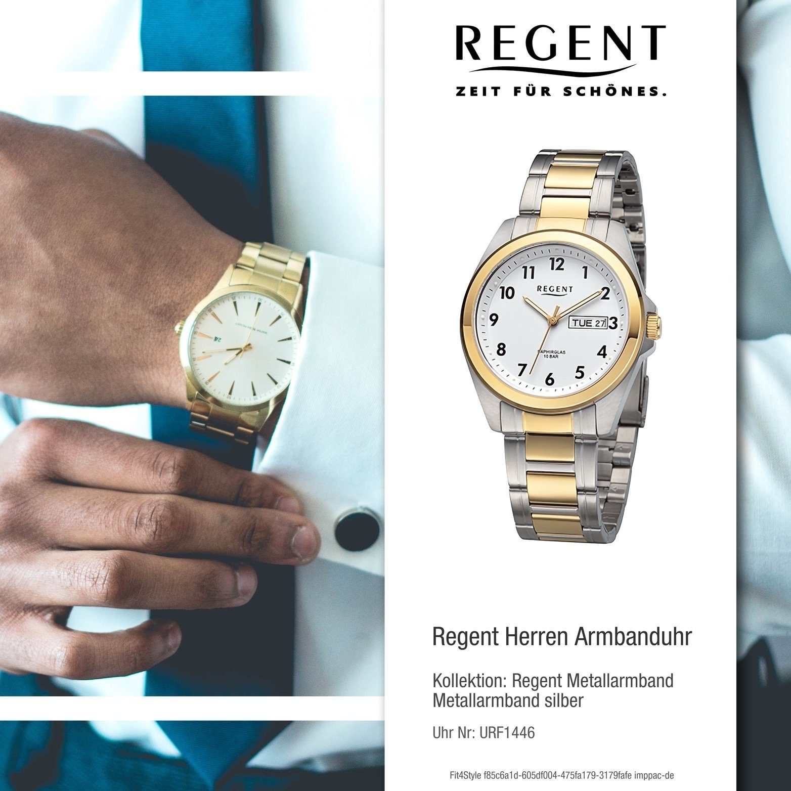 Quarzuhr Regent Gehäuse, 38mm) Analog, silber, Regent Metallarmband Armbanduhr Herrenuhr gold, Herren (ca. rundes groß