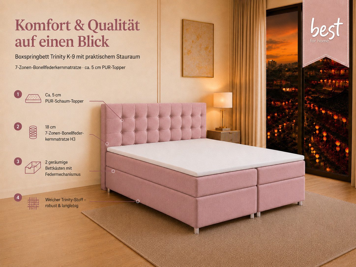 Best for Home Boxspringbett Trinity K-9 mit Stauraum & 7-Zonen Komfort – modern & komfortabel (Komplett-Set, 1-St., 140x200 160x200 180x200 200x200 cm), Handwerksqualität, TOP Preis-Leistungs-Verhältnis