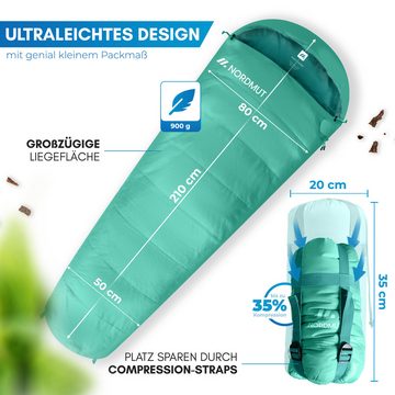 Nordmut Mumienschlafsack Sommerschlafsack Ultraleicht & kompakt [100 GSM] kleines Packmaß, Sleeping Bag koppelbar, [900g] ideal für Outdoor, Camping und Reisen