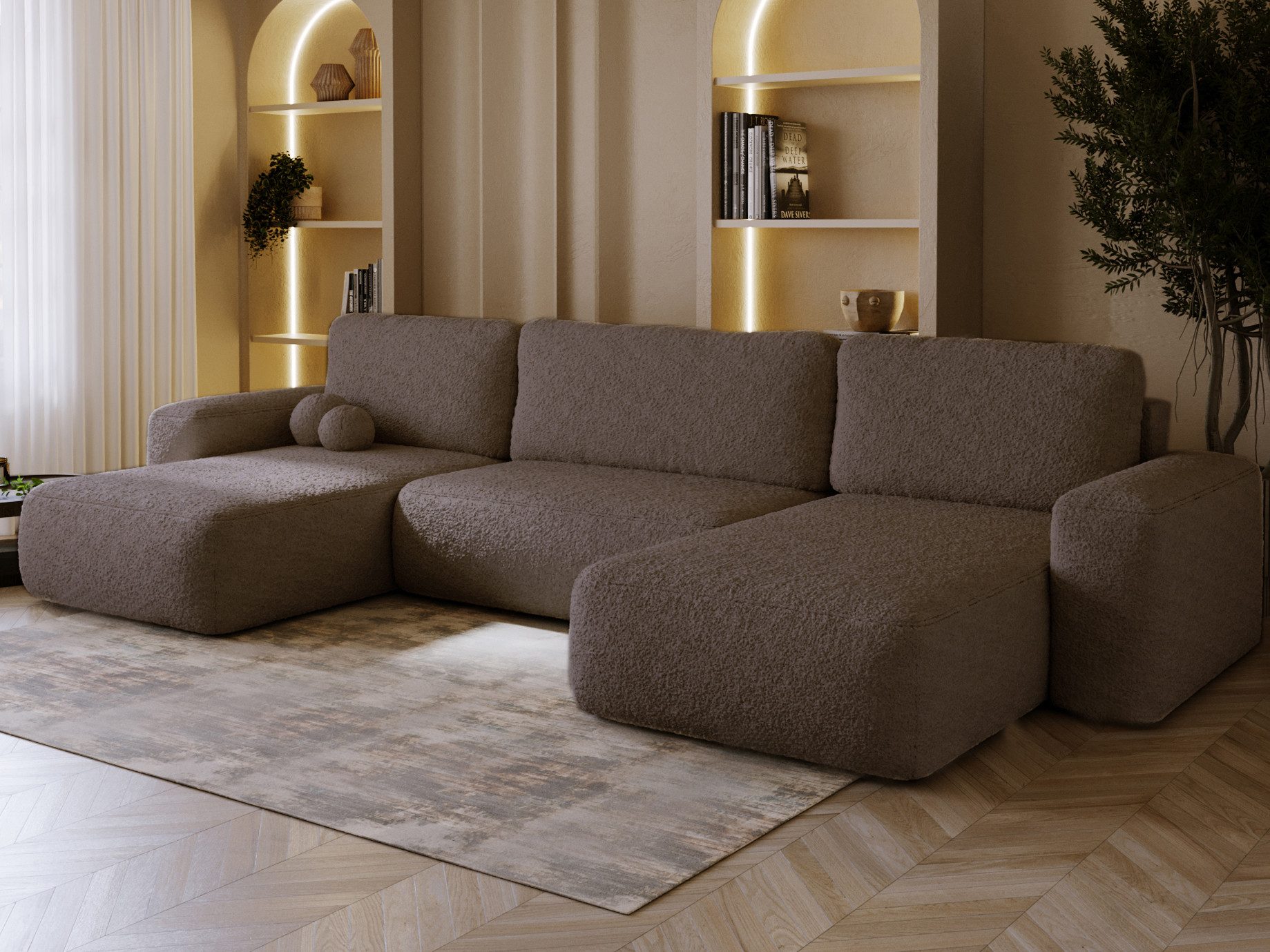 Compleo Ecksofa U-form, Japandi Design, Teddy- Boucle TEDIS, bequem
