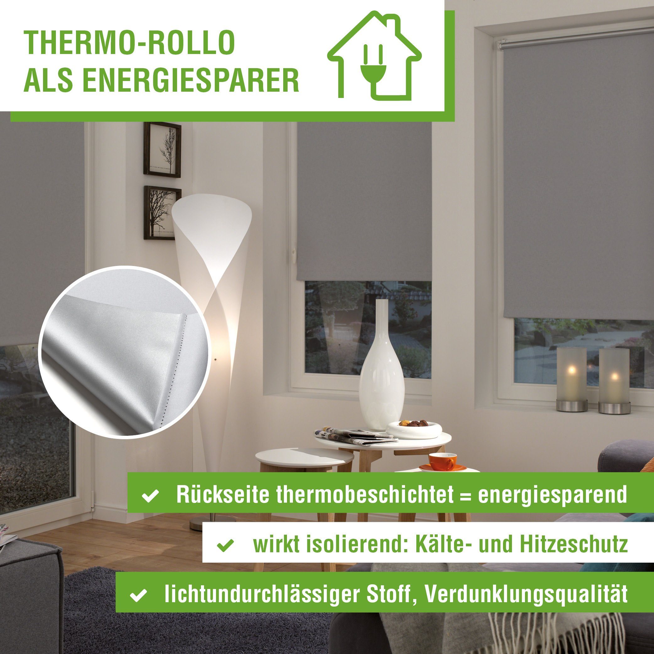 Seitenzugrollo Thermo Rollo zum mit home, Thermobeschichtung Feststellschraube, my abdunkelnd Klemmen, abdunkelnd, Klemmträger mit energiesparend