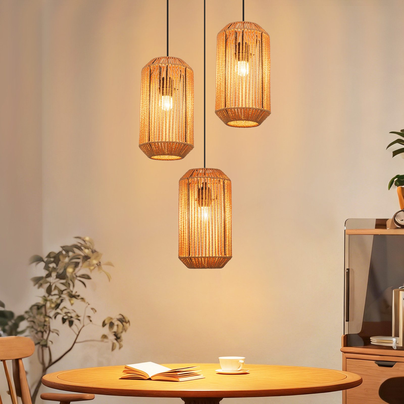 Nettlife Pendelleuchte Rattan 3 flammig Höhenverstellbar Boho E27 Hängeleuchte, Langballon-Flecht, Ohne Leuchtmittel, für Schlafzimmer Wohnzimmer/Ohne Leuchtmittel