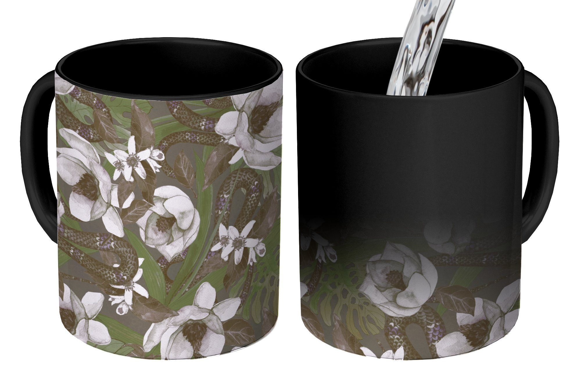 MuchoWow Tasse Blumen - Dschungel - Muster, Keramik, Farbwechsel, Kaffeetassen, Teetasse, Zaubertasse, Geschenk