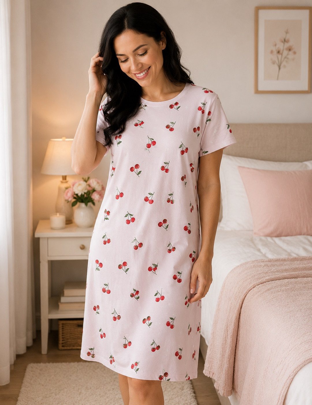 Rungassi Nachthemd Nachthemd Damen Kurzarm Schlafshirt Baumwolle Rosa mit Kirschen 6820