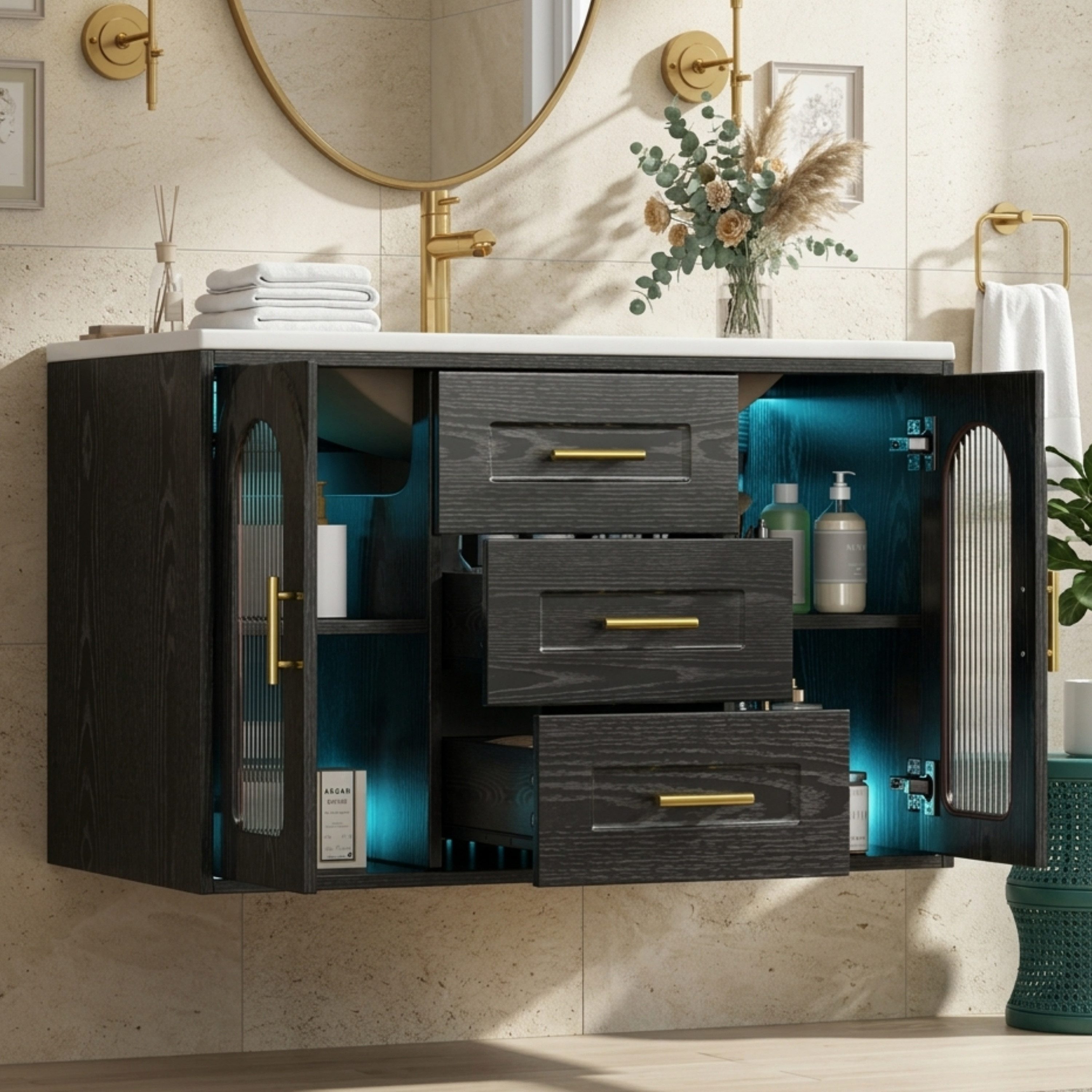 Merax Waschtisch mit Waschbecken, hängend Badmöbel mit LED-Beleuchtung (76×46×55 cm, 1-St., Badschrank ohne Wasserhahn), Badezimmerschrank mit 2 Glastüren, 3 Schubladen & Stauraum
