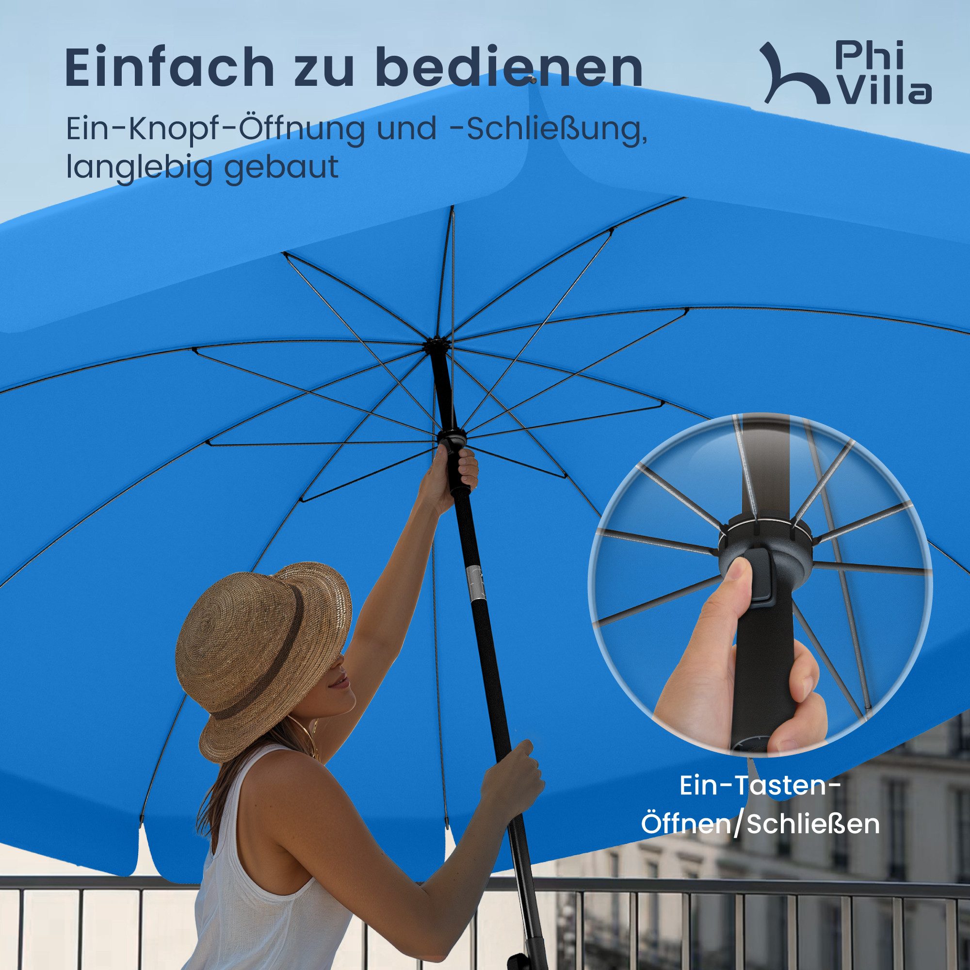 PHI VILLA Sonnenschirm, Höhenverstellbar mit Hülle & Klemme, Strandschirm Kippbar Windfest Stabil zum Mitnehmen