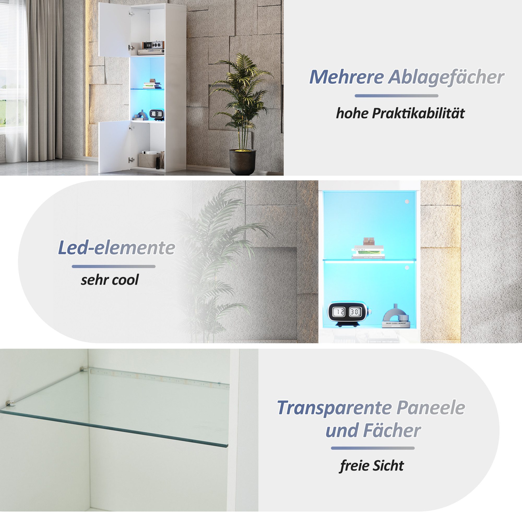 OKWISH Vitrine Vitrinenschrank in Hochglanz (Highboard, Aufbewahrungsschrank, Hochschrank, Lagerschrank , 1-St., 1 Glasboden, 2 Türen) Hochglanz Vitrine, mit LED-Beleuchtung