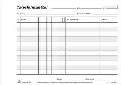 RNK Verlag Briefumschlag RNK Verlag Vordruck "Tagelohnzettel", Block, SD, DIN A5 quer