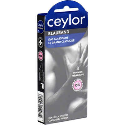 Ceylor Kondome Blauband (Kondome mit Gleitcreme) Packung mit, 3 St., klassische Kondome, Premium-Qualität aus der Schweiz, im hygienischen "Dösli", einfach zu öffnen, schnelleres Überziehen
