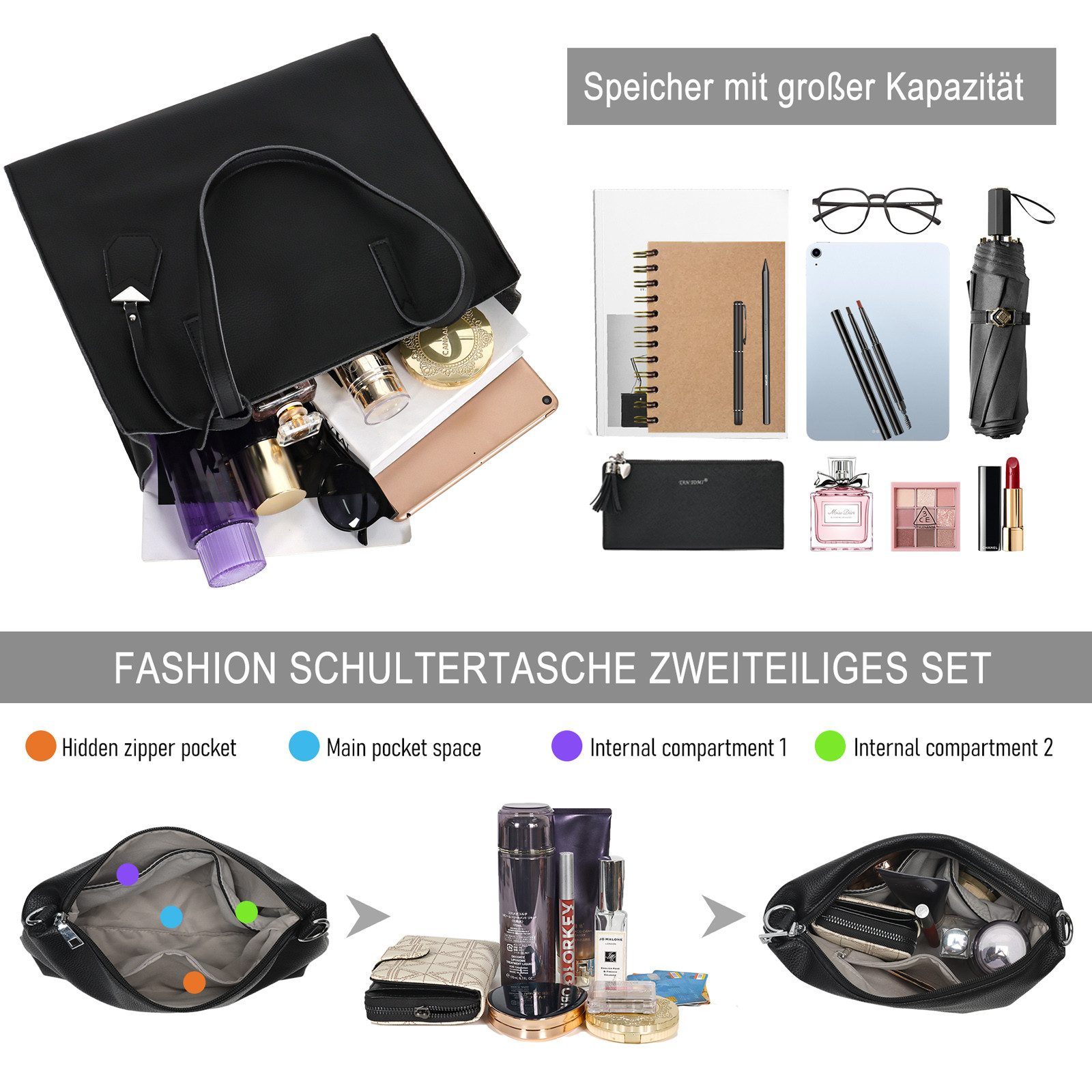 TAN.TOMI Shopper Damen Handtasche Klassisch Schultertasche Damen Tragetasche Groß (2-tlg), Groß Damen Handtasche, ​Geschenke für Frauen in schlichter Optik