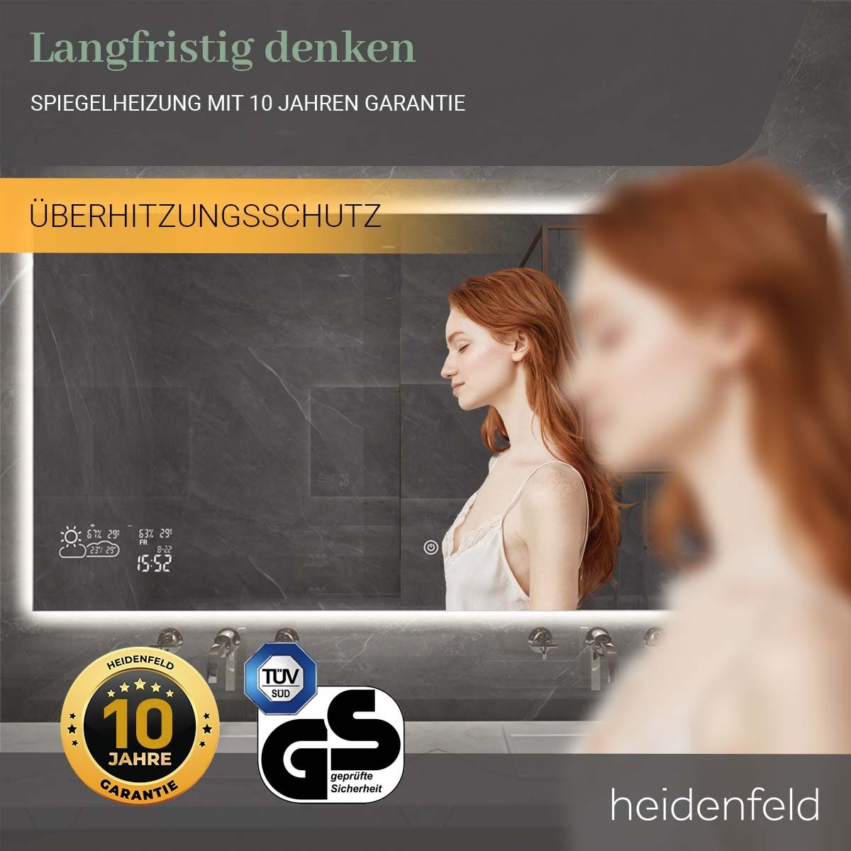 Infrarotheizung - WIFI inkl. Heidenfeld Anti-Beschlag Touchdisplay Spiegelheizung - Garantie, HF-HS200 Rahmenbeleuchtung - - 500 bis 10 Spiegel Jahre Watt