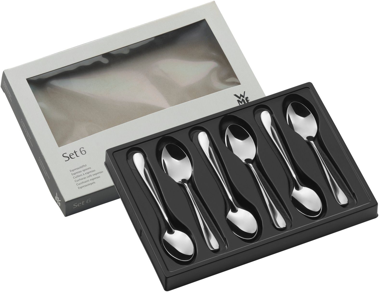 WMF Besteck-Set Fächer Espressolöffel-Set, 6 Stück, Cromargan protect® (6-tlg), 6 Personen, Cromargan protect, Edelstahl poliert, glänzend, kratzbeständig, spülmaschinengeeignet
