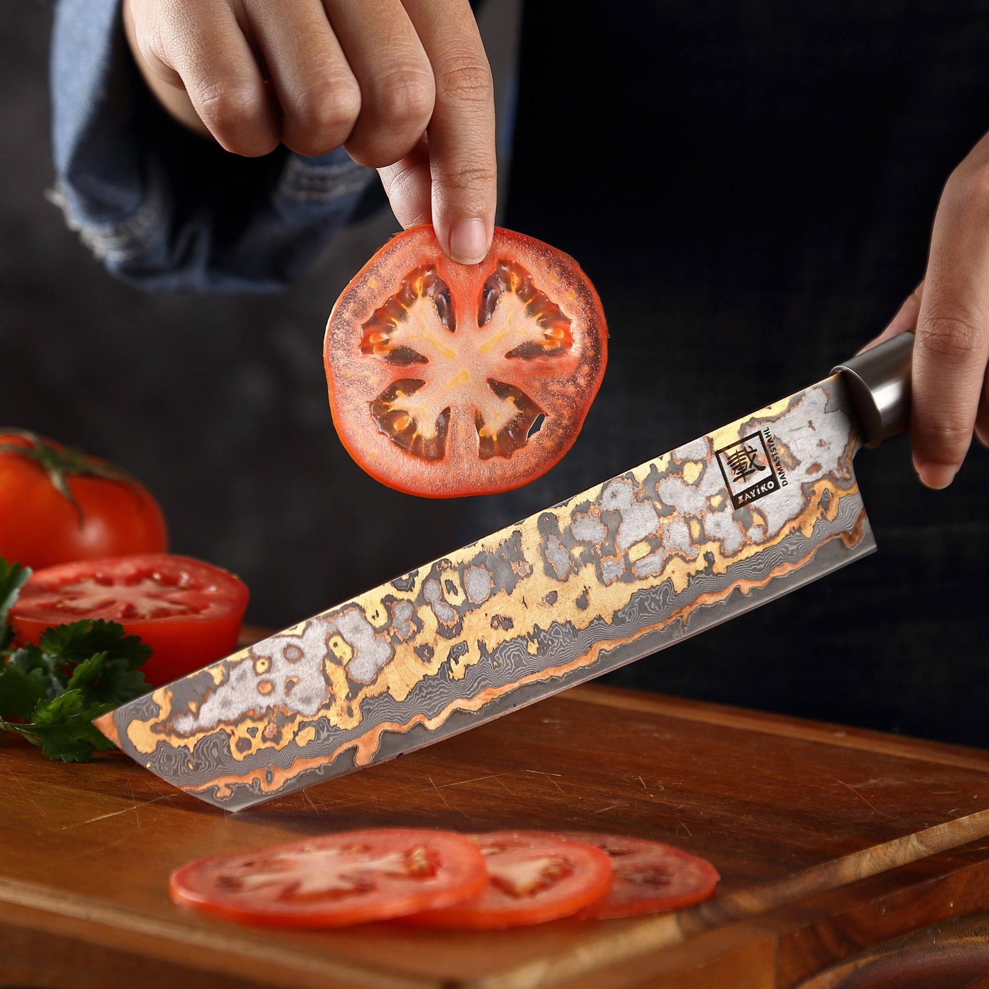 ZAYIKO Universalküchenmesser MysticMagma Tanto Küchenmesser 20,5 cm Kupfer-Bronze-Damastklinge, Damaststahl, Kupfer-Bronze-Einlage