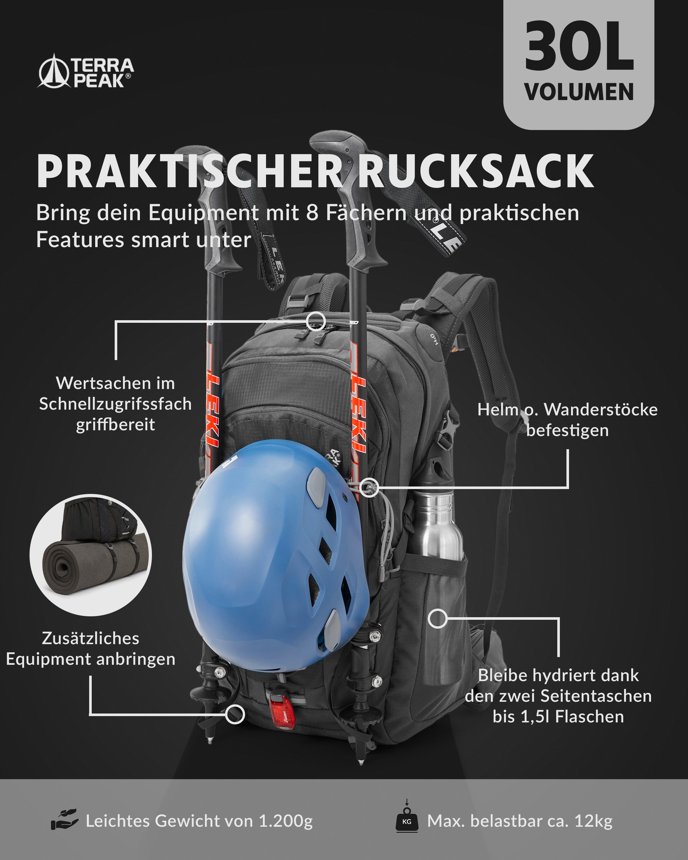 Terra Peak Wanderrucksack Flex 30, 30L mit YKK Reißverschluss Trekkingrucksack mit Hüftgurt