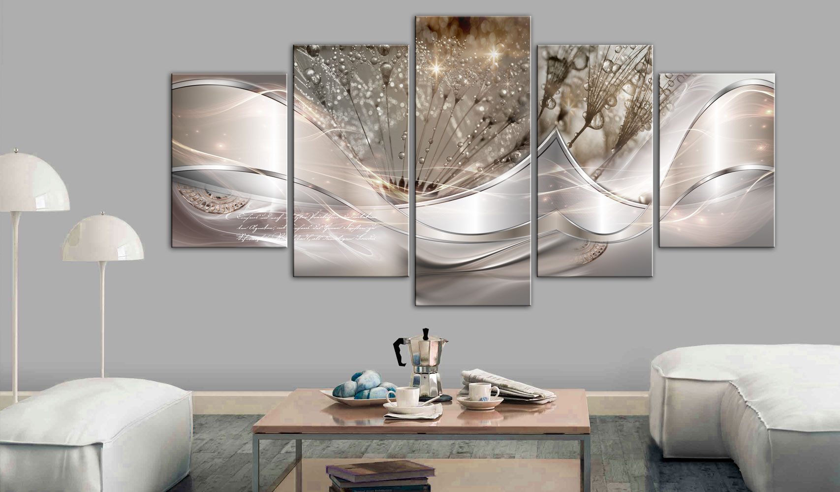 Artgeist Wandbild Sparkling Dandelions (5 Parts) Beige Wide