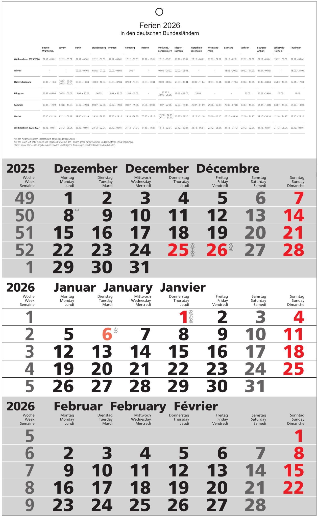 ADINA Wandkalender 2026 ADINA Dreimonatskalender 49x30cm m Tagesanzeiger und Schulferien