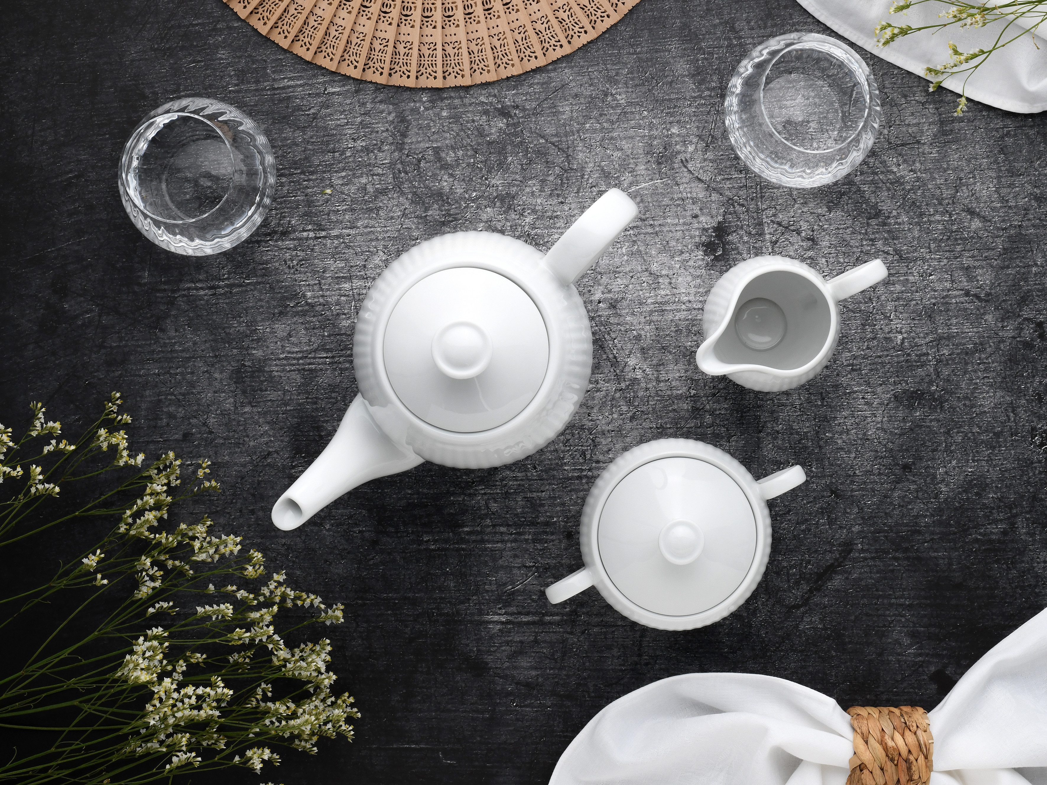 CreaTable Kaffeeservice Valencia Weiß, Kaffeegarnitur 3-tlg (3-tlg), 1 Personen, Porzellan, Elegant, Boho Chic