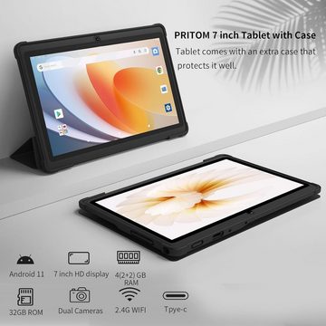 PRITOM 4GB(2+2 Expand), (Expandable 128GB) Tablet (7", 128 GB, Android 11, mit HD IPS Display Dual Kamera WiFi BluetoothTabletmitschwarzemGehäuse)