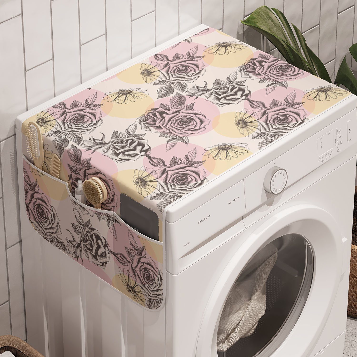 Abakuhaus Badorganizer Anti-Rutsch-Stoffabdeckung für Waschmaschine und Trockner, Vintage Rose Pastel Circles Blumen