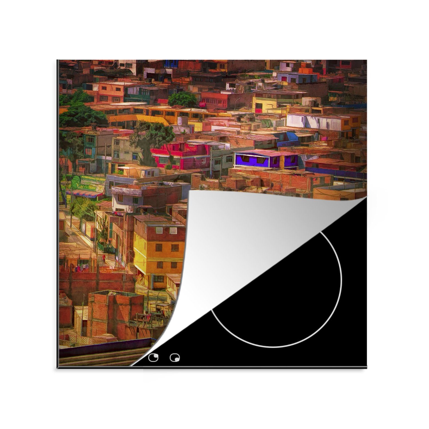 MuchoWow Herdblende-/Abdeckplatte Hervorragende Farben an den Häusern in Lima, Vinyl, (1 tlg), 78x78 cm, Ceranfeldabdeckung, Arbeitsplatte für küche