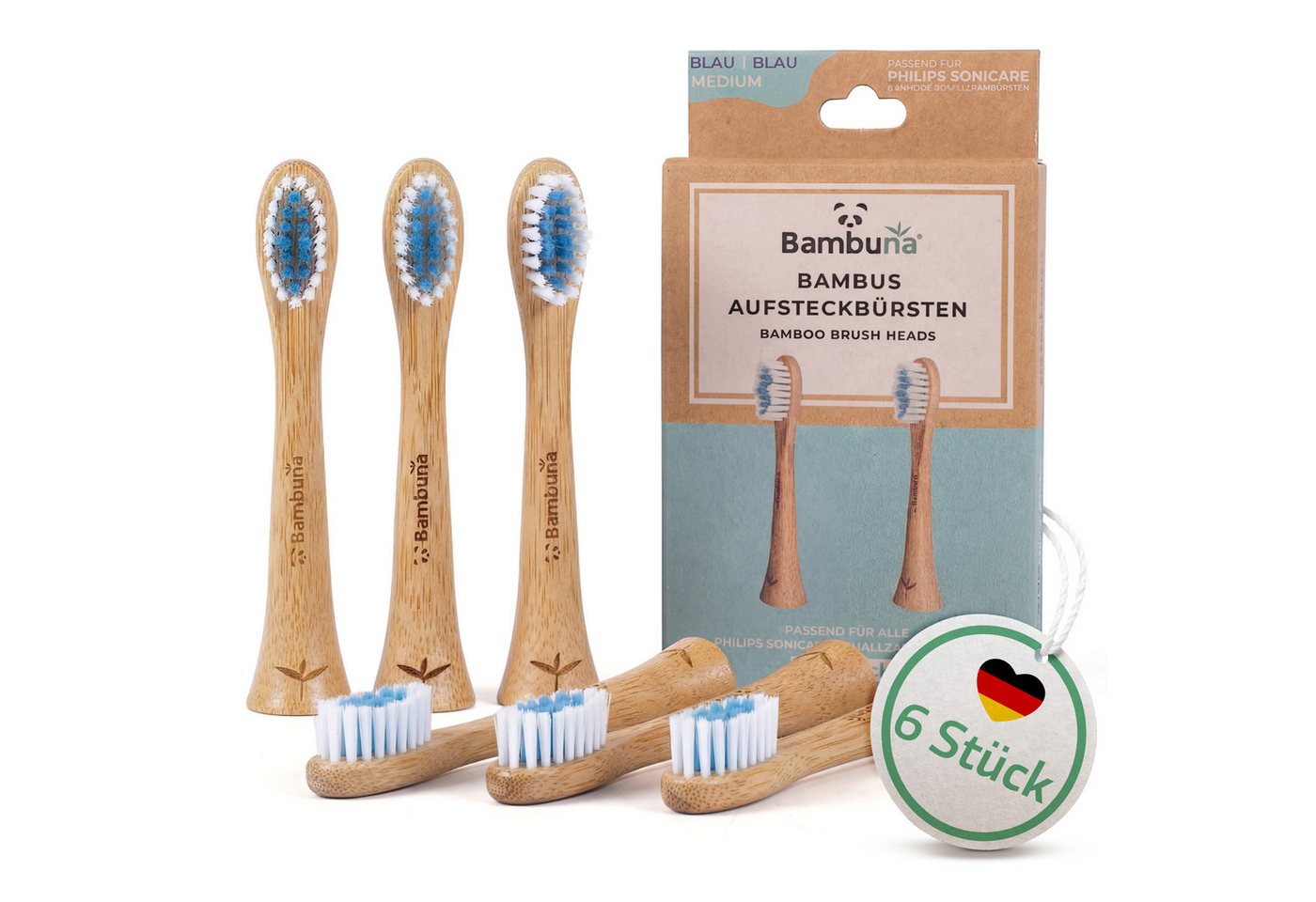 Bambuna Aufsteckbürsten Sonicare Ersatzbürsten aus Bambus, passend für Philips Sonicare Schallzahnbürste - plastikfrei & biologisch abbaubar, Spar-Set, B2 Optimal White mit Tripleclean-Borstenprofil - Mittelweiche Borsten