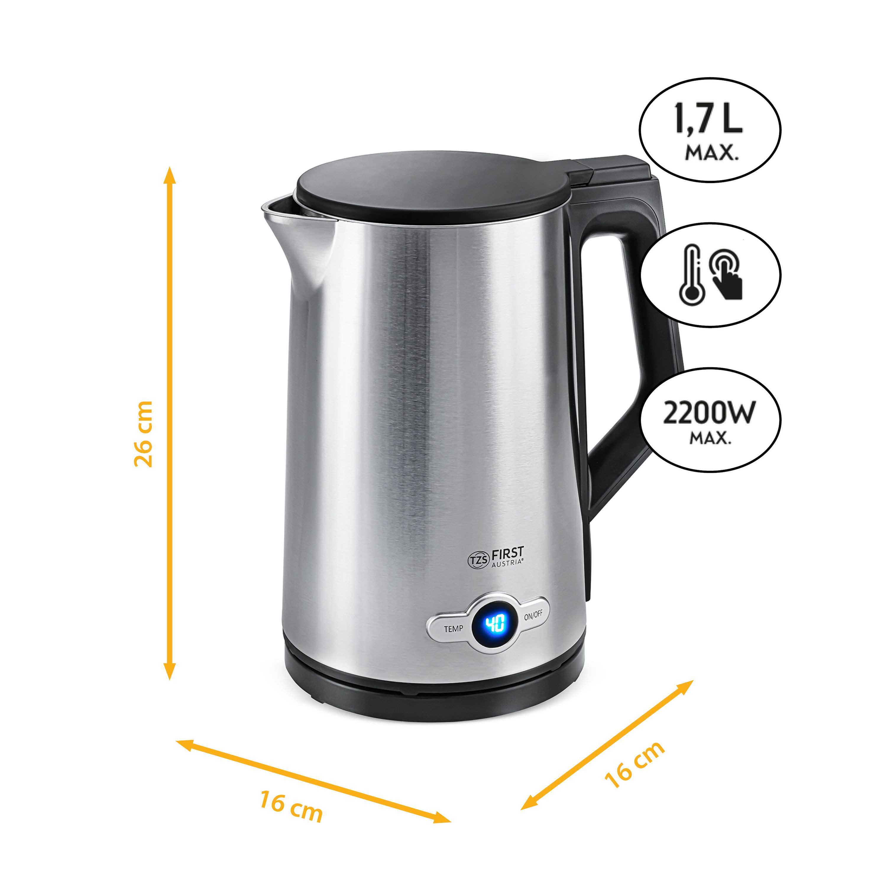 TZS FIRST AUSTRIA Wasserkocher Edelstahl, 2200W, 1,7 L, Temperatureinstellung 60-100°C, Kalkfilter, 1 l, 2200 W, Warmhaltefunktion, verdecktes Heizelement, LED Beleuchtungsfarbe