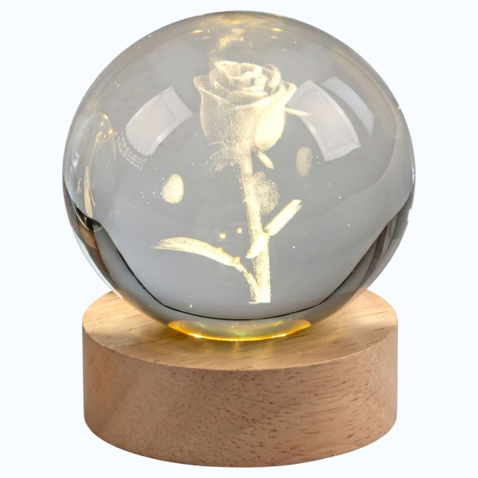 formano LED Dekolicht Kristallkugel Rose 3D LED Holzsockel Glas Kugel 8 cm eingelasert, LED fest integriert