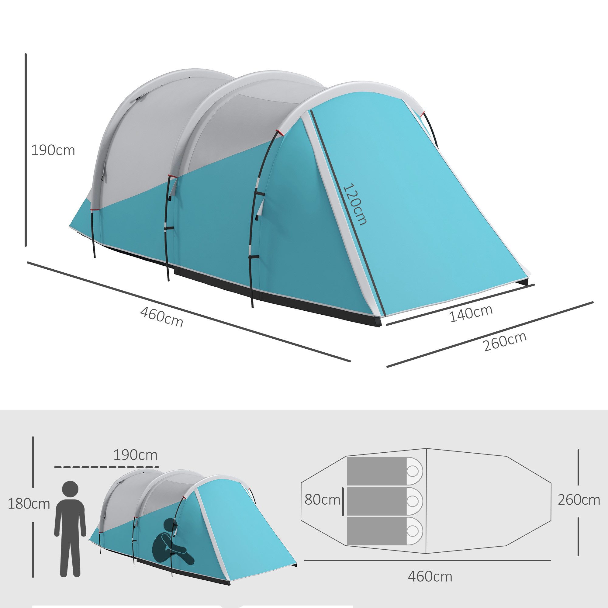 Outsunny Tunnelzelt 3000mm Wasserabweisend Gruppenzelt mit 2 Räumen, Tragetasche, Personen: 3 (Campingzelt, 1 tlg., Familienzelt), für Garten, Campingplatz, Blau