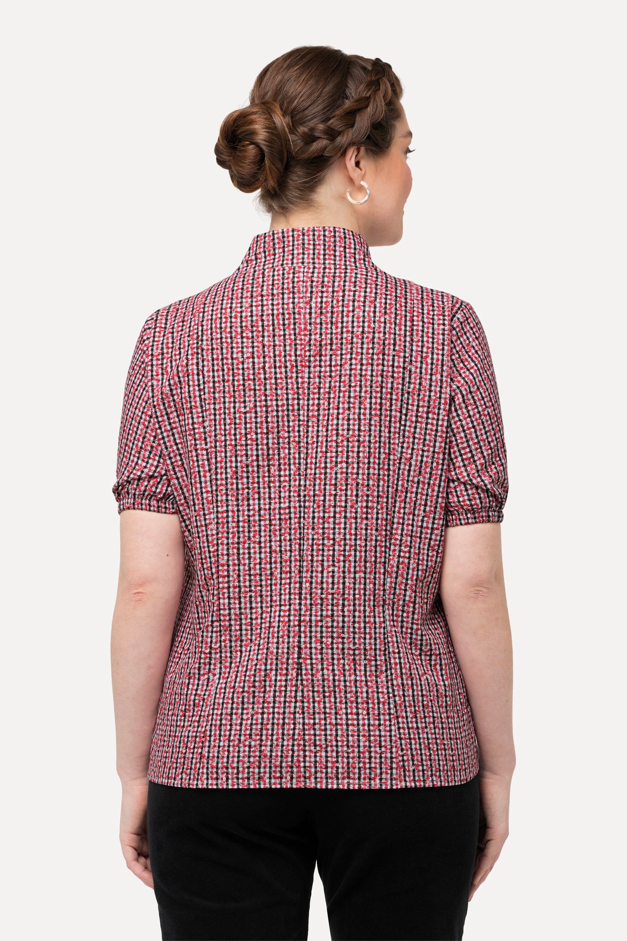 Ulla Popken Longbluse Trachtenbluse Karo Kelchkragen V-Ausschnitt