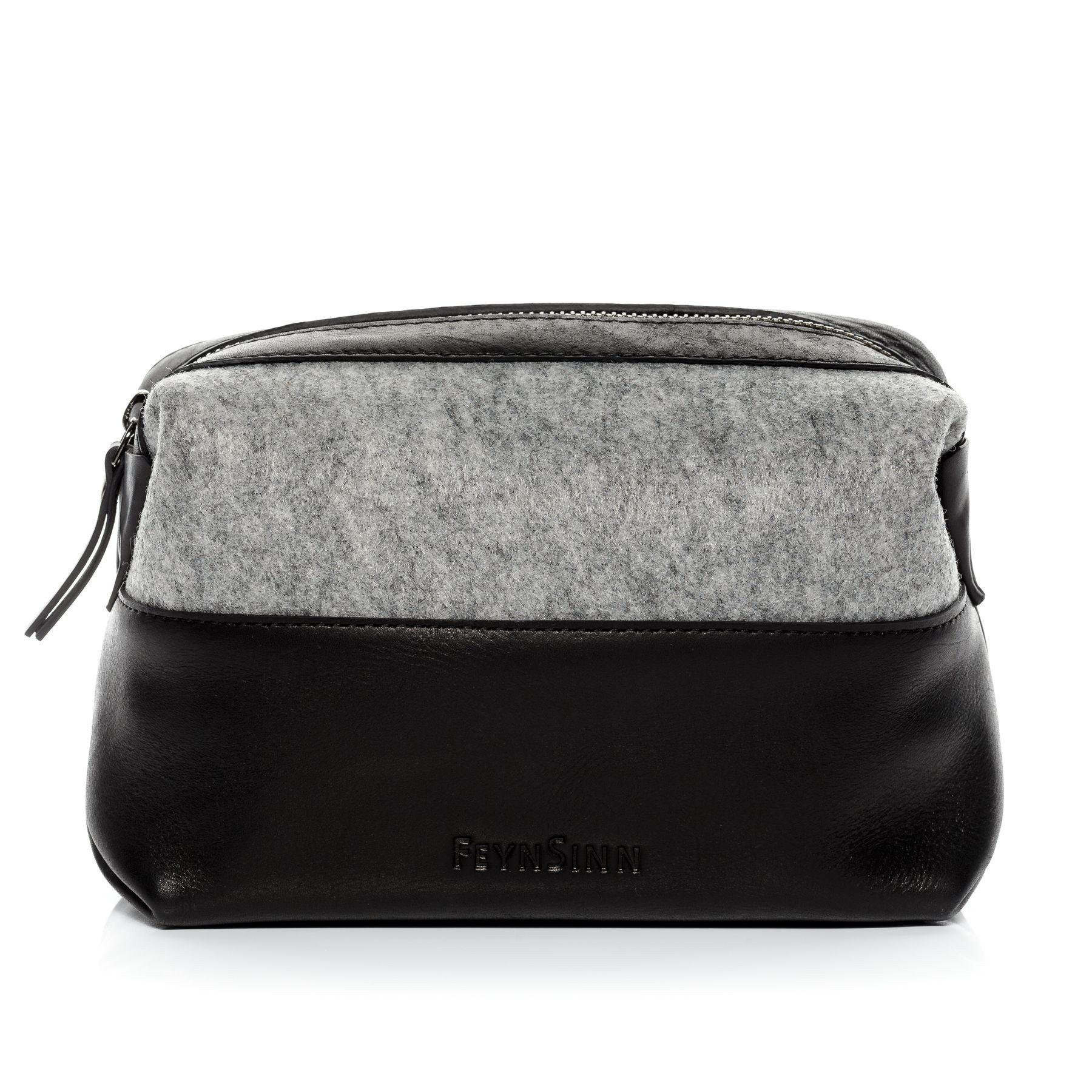 FEYNSINN Kosmetiktasche echt Leder Kulturtasche groß schwarz-grey, Waschbeutel Filz für Damen & Herren, Kosmetiktasche grau-schwarz