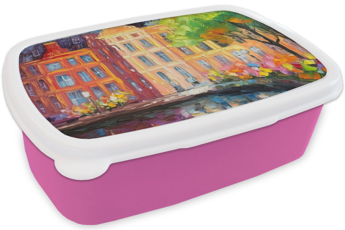 Erwachsene, Brotbox Kunst Kinder, Kunststoff - Snackbox, Brotdose rosa - MuchoWow Farbenfroh, Ölgemälde Mädchen, - Amsterdam (2-tlg), Lunchbox für Kunststoff,