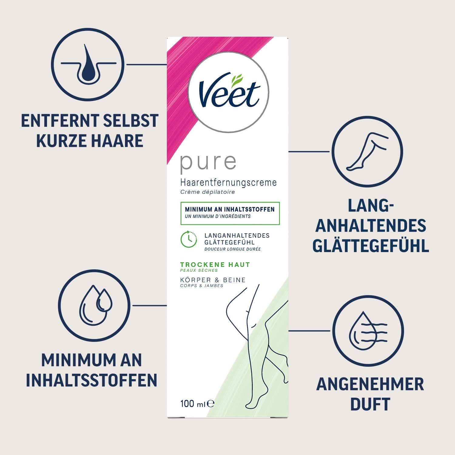 Veet Enthaarungscreme pure für Körper & Beine 100 ml, 1 St., Haarentfernungscreme, für trockene Haut