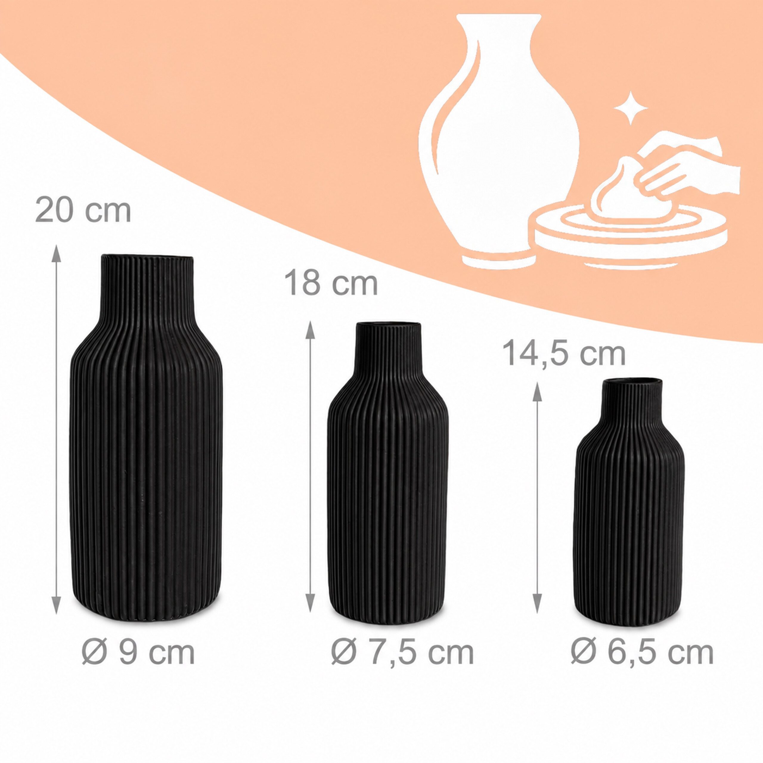 relaxdays Tischvase Vasen 3er Set aus Keramik (3 St), schwarz – Bild 4 von 5