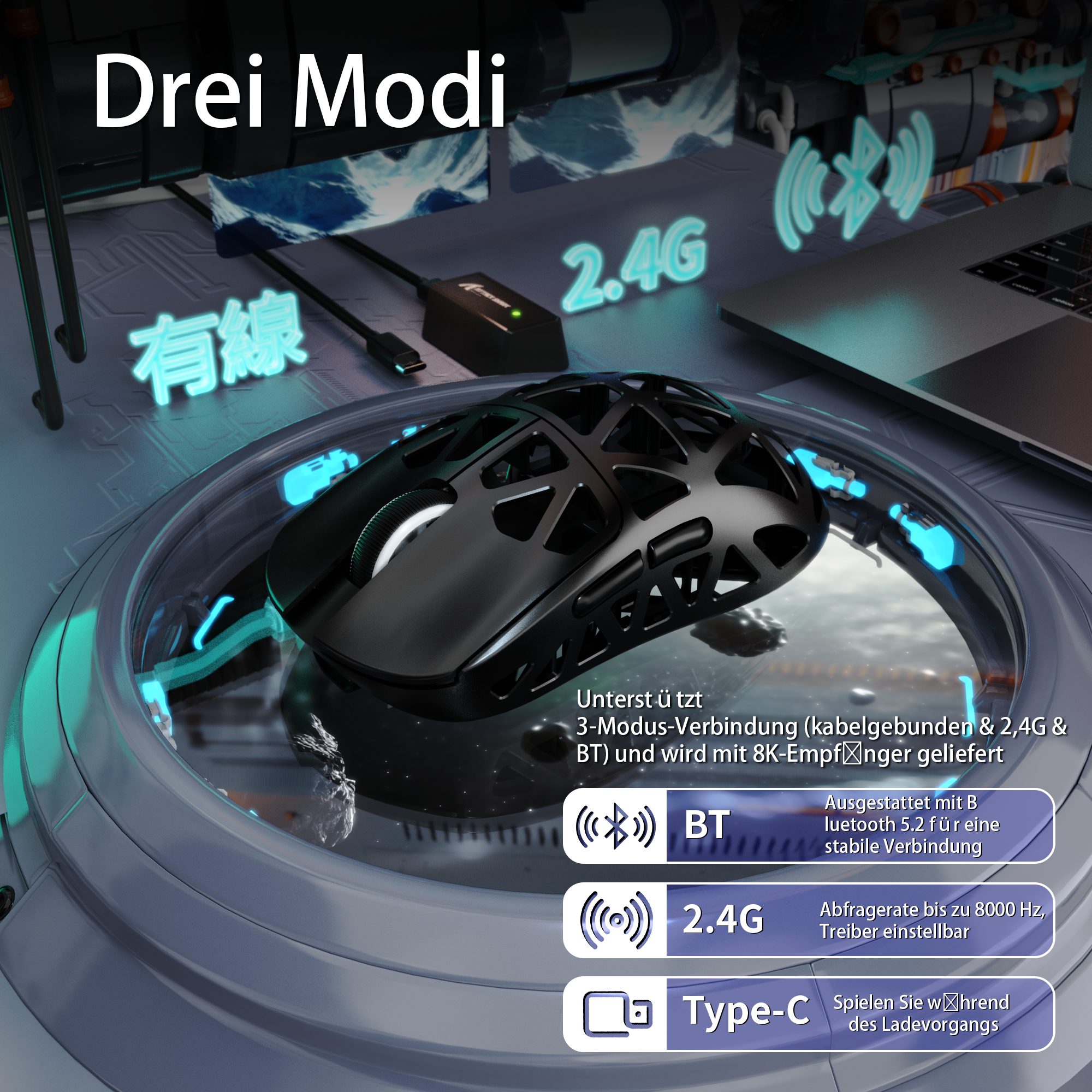 ATTACK SHARK R2 Kabellose Gaming-Maus aus Magnesiumlegierung, 8KHz, 48g Gaming-Maus (2.4G, Bluetooh, USB-C, PixArt PAW3950-Sensor,48g,8000hz,Magnesiumlegierung) – Bild 3 von 5