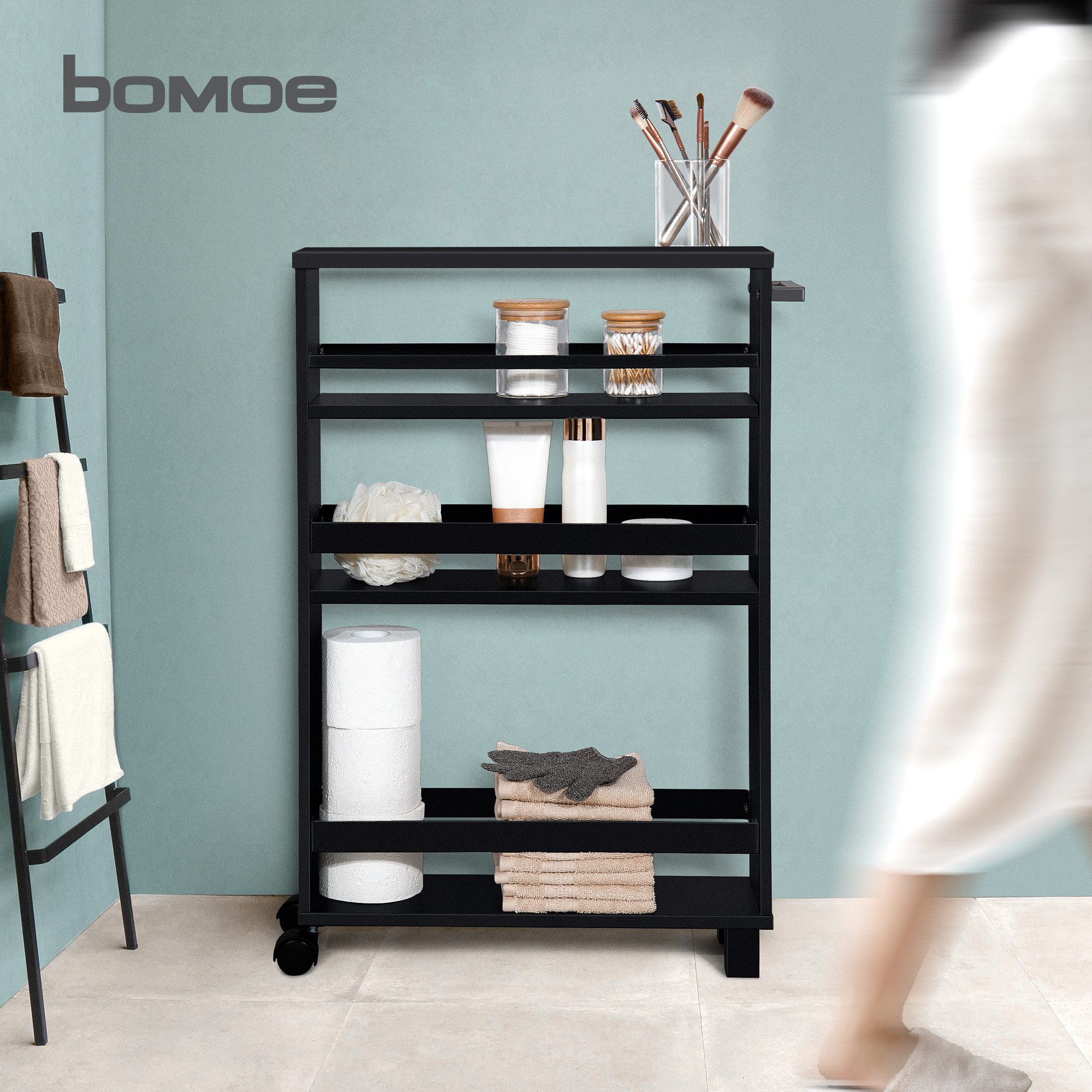bomoe Küchenwagen Nischenregal 15cm breit Hylla, 79x50cm, Schwarz, Küchenwagen Küchenregal Schmal – Rollwagen 3 Fächer & Arbeitsplatz – Bild 5 von 5