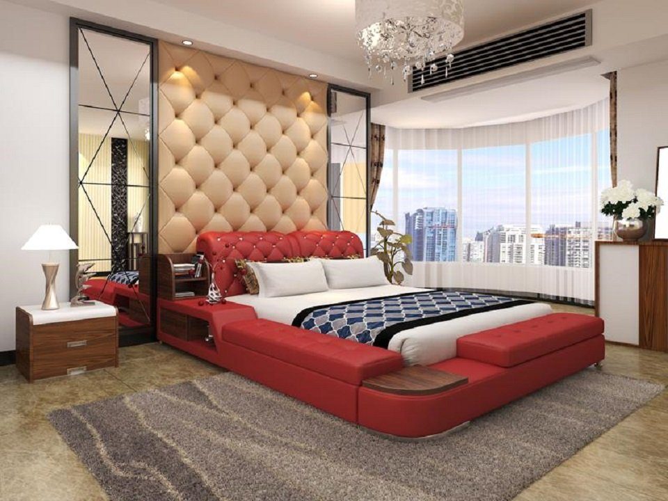 JVmoebel Bett Multifunktion Bett Design Polster Doppelbett Chesterfield Luxus Rot