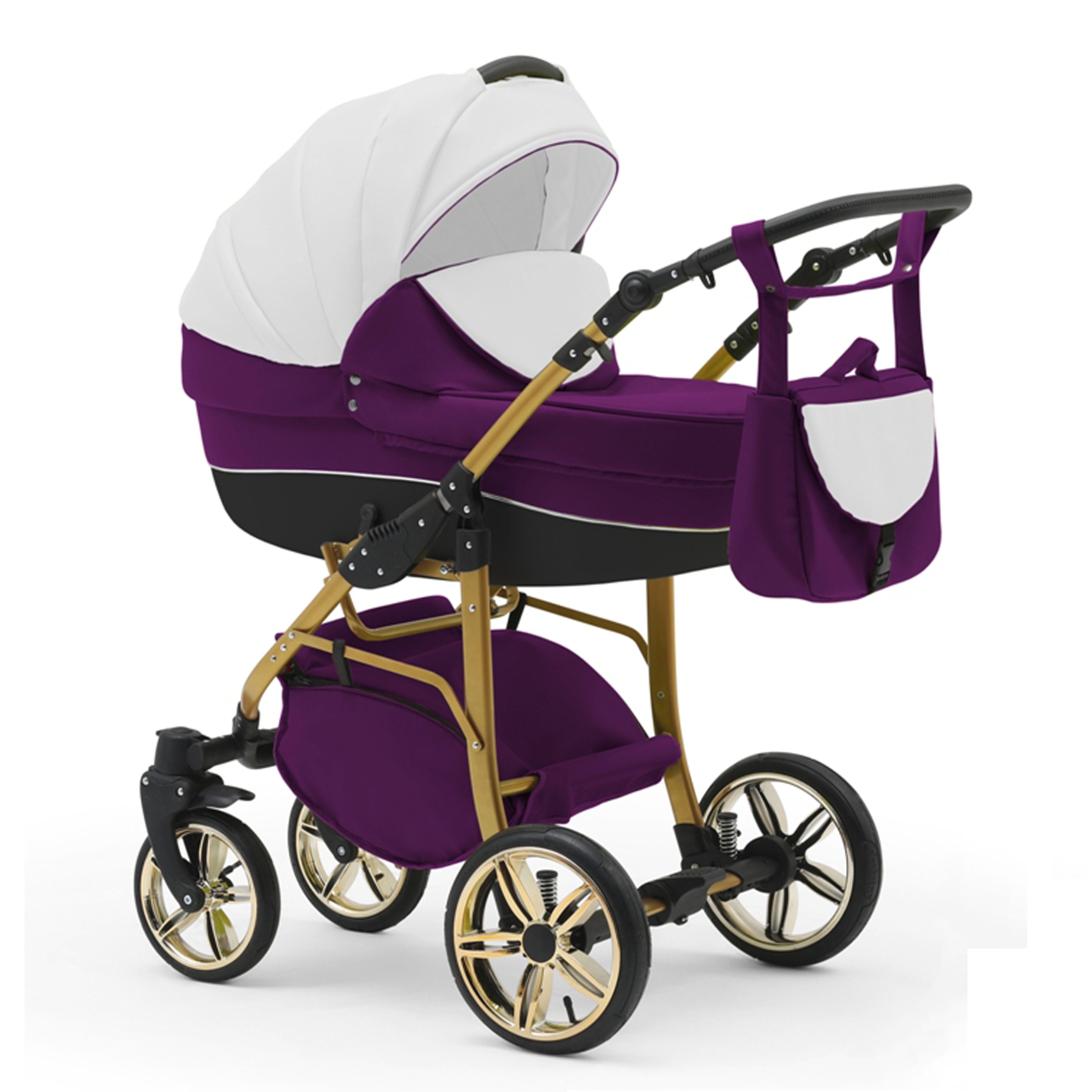 babies-on-wheels Kombi-Kinderwagen 2 in 1 Kinderwagen-Set Cosmo Gold - 13 Teile - in 46 Farben Weiß-Lila-Schwarz