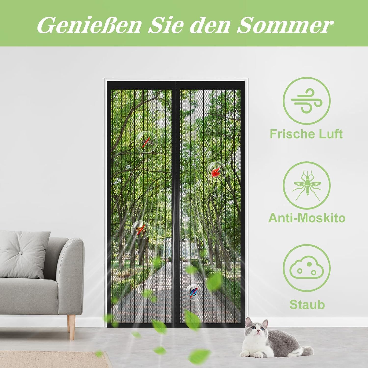 Forrlite Insektenschutz-Vorhang Fliegengitter Balkontür, insektenschutz Tür Magnet, Fliegengitter Tür, (Fliegenvorhang Magnetisch 90x210CM, Moskitonetz Tür Ohne Bohren, Fliegenschutz Magentvorhang), für Balkontür und Terrassentür Kellertür Kinderleichte Klebemontage