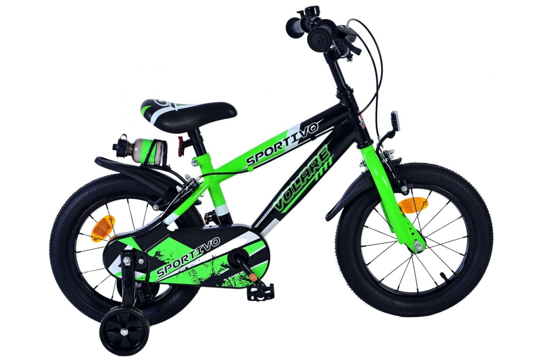 Volare Kinderfahrrad Volare Sportivo Kinderfahrrad für Jungen - 14 Zoll in Grün Schwarz, Geschlossener Kettenkasten, abnehmbare Stützräder